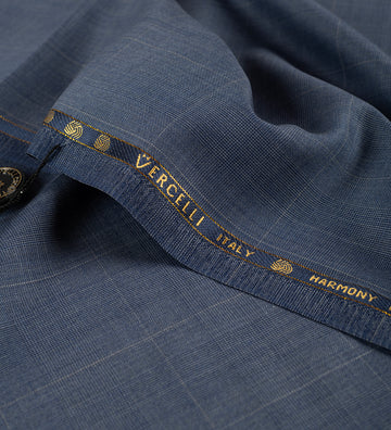 Steel Blue Harmony Check super 120's by Vercelli Italy (Unstitched Suiting Fabric)