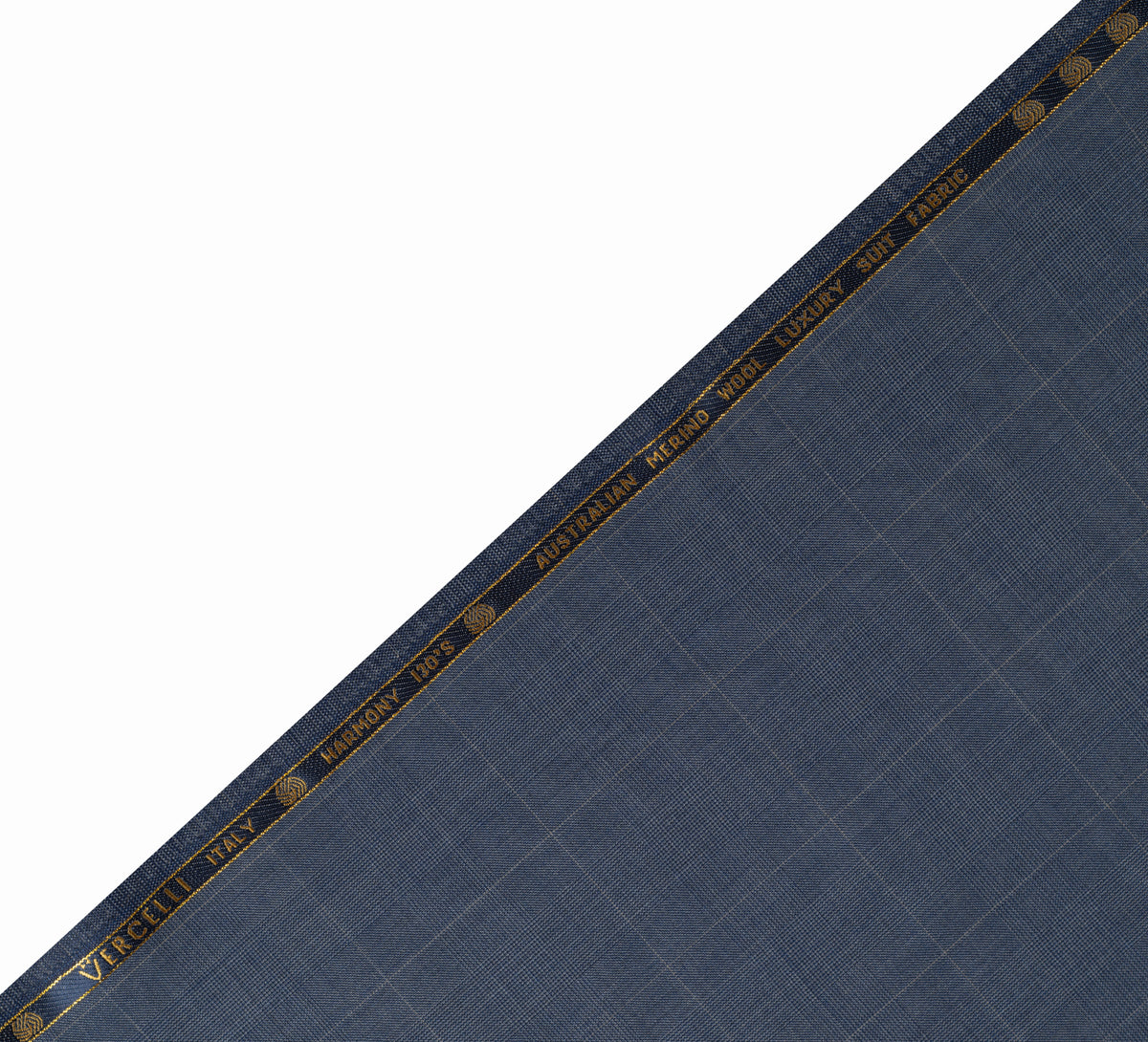 Steel Blue Harmony Check super 120's by Vercelli Italy (Unstitched Suiting Fabric)