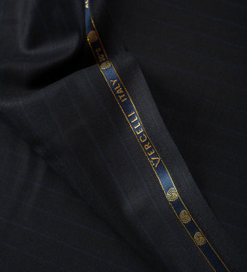 Midnight Navy Regal Pinstripe super 130's by Vercelli Italy (Unstitched Suiting Fabric)